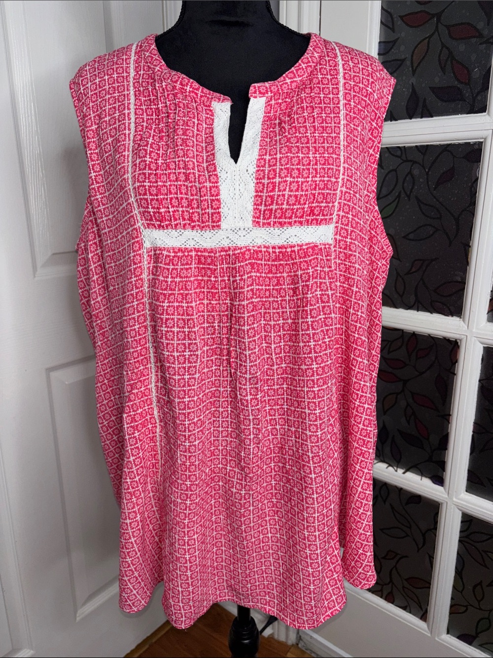 Woman Within Pink Sleeveless Tunic with White Crochet Accent